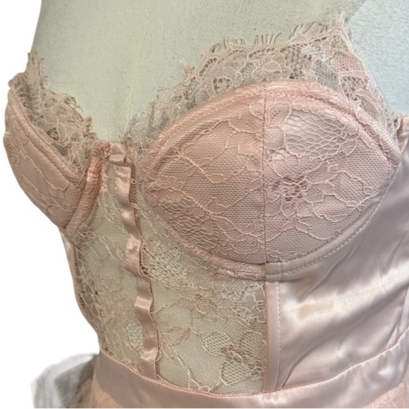 PINK Lace Mesh Tulle Mini‎ Maxi Flowy Bustier Corset Dress Size S Ruffle Sexy - Picture 6 of 8